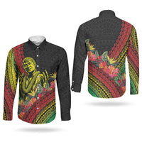 Retro Hawaiian Singer Couples Matching Mermaid Dress and Long Sleeve Button Shirt Polynesian Style Tropical Flowers