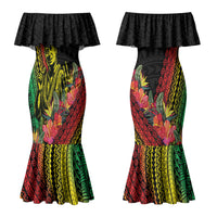Retro Hawaiian Singer Couples Matching Mermaid Dress and Long Sleeve Button Shirt Polynesian Style Tropical Flowers