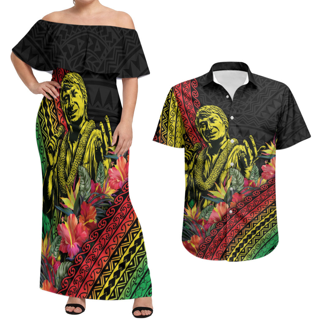 Retro Hawaiian Singer Couples Matching Off Shoulder Maxi Dress and Hawaiian Shirt Polynesian Style Tropical Flowers