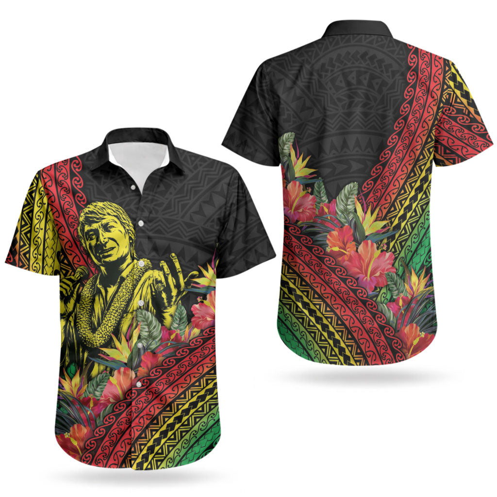 Retro Hawaiian Singer Couples Matching Off Shoulder Maxi Dress and Hawaiian Shirt Polynesian Style Tropical Flowers