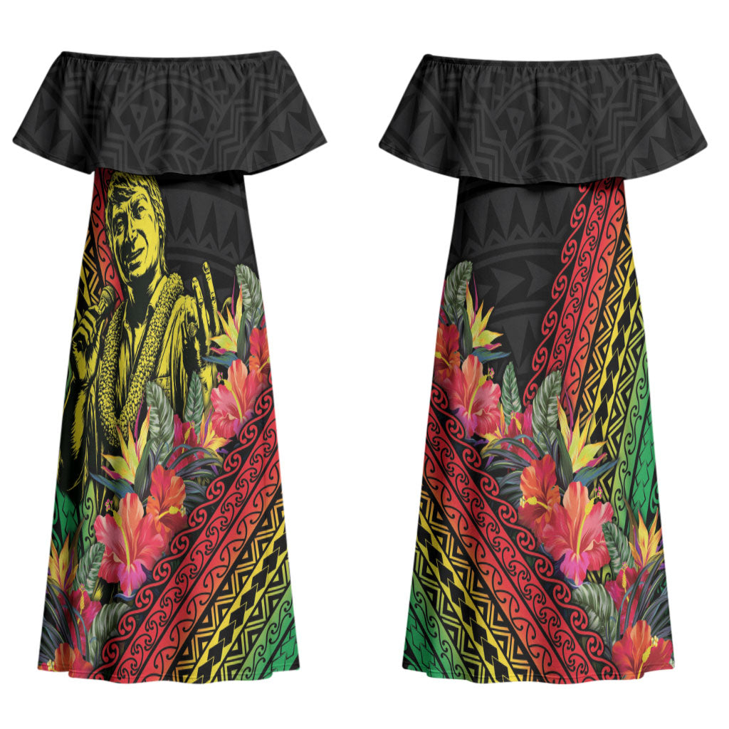 Retro Hawaiian Singer Couples Matching Off Shoulder Maxi Dress and Hawaiian Shirt Polynesian Style Tropical Flowers