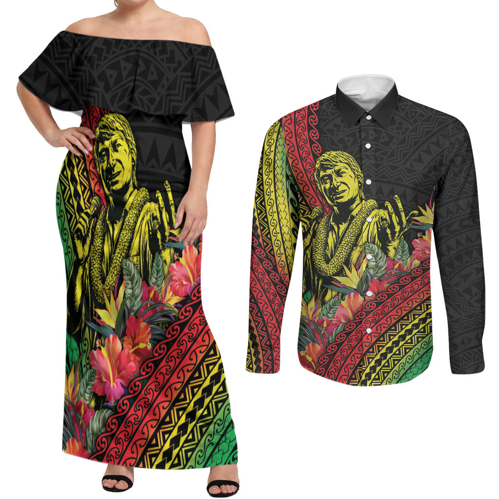 Retro Hawaiian Singer Couples Matching Off Shoulder Maxi Dress and Long Sleeve Button Shirt Polynesian Style Tropical Flowers