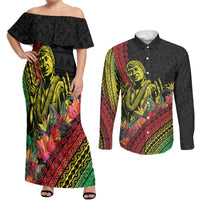 Retro Hawaiian Singer Couples Matching Off Shoulder Maxi Dress and Long Sleeve Button Shirt Polynesian Style Tropical Flowers
