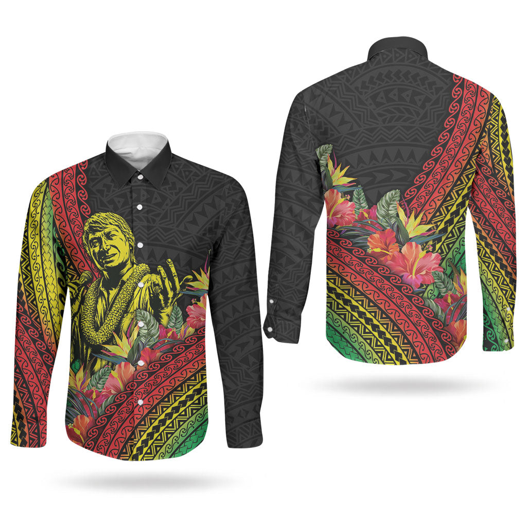 Retro Hawaiian Singer Couples Matching Off Shoulder Short Dress and Long Sleeve Button Shirt Polynesian Style Tropical Flowers
