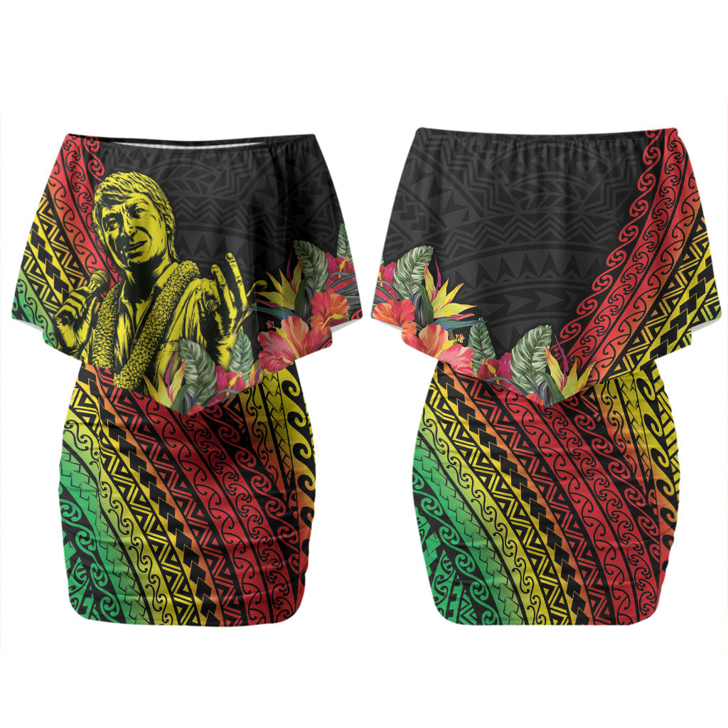 Retro Hawaiian Singer Couples Matching Off Shoulder Short Dress and Long Sleeve Button Shirt Polynesian Style Tropical Flowers