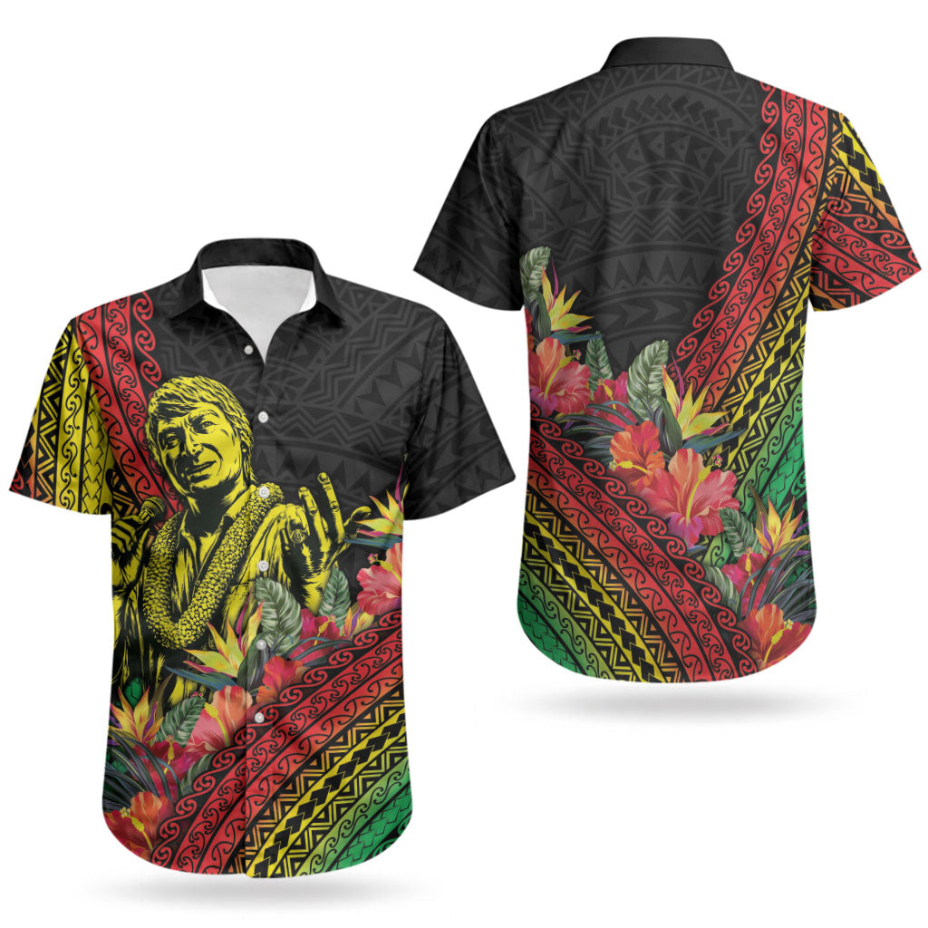 Retro Hawaiian Singer Couples Matching Off The Shoulder Long Sleeve Dress and Hawaiian Shirt Polynesian Style Tropical Flowers