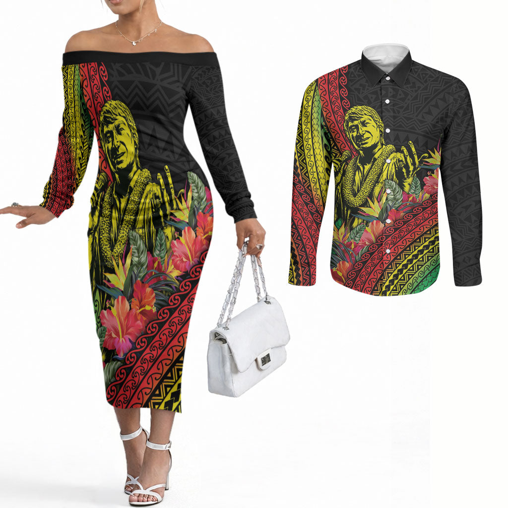 Retro Hawaiian Singer Couples Matching Off The Shoulder Long Sleeve Dress and Long Sleeve Button Shirt Polynesian Style Tropical Flowers