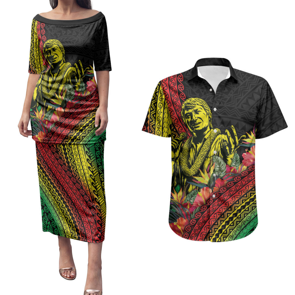 Retro Hawaiian Singer Couples Matching Puletasi and Hawaiian Shirt Polynesian Style Tropical Flowers