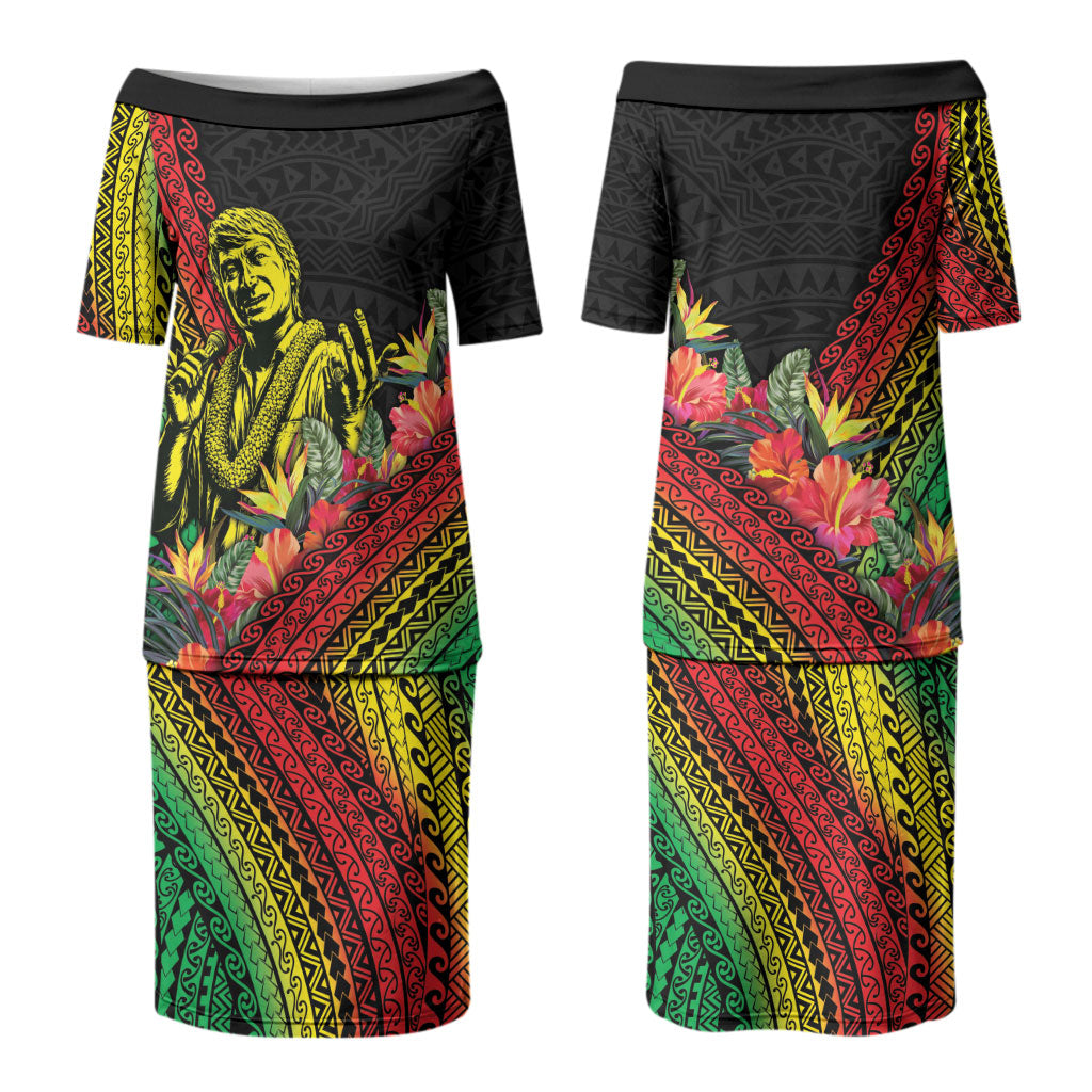 Retro Hawaiian Singer Couples Matching Puletasi and Hawaiian Shirt Polynesian Style Tropical Flowers
