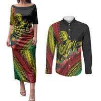 Retro Hawaiian Singer Couples Matching Puletasi and Long Sleeve Button Shirt Polynesian Style Tropical Flowers