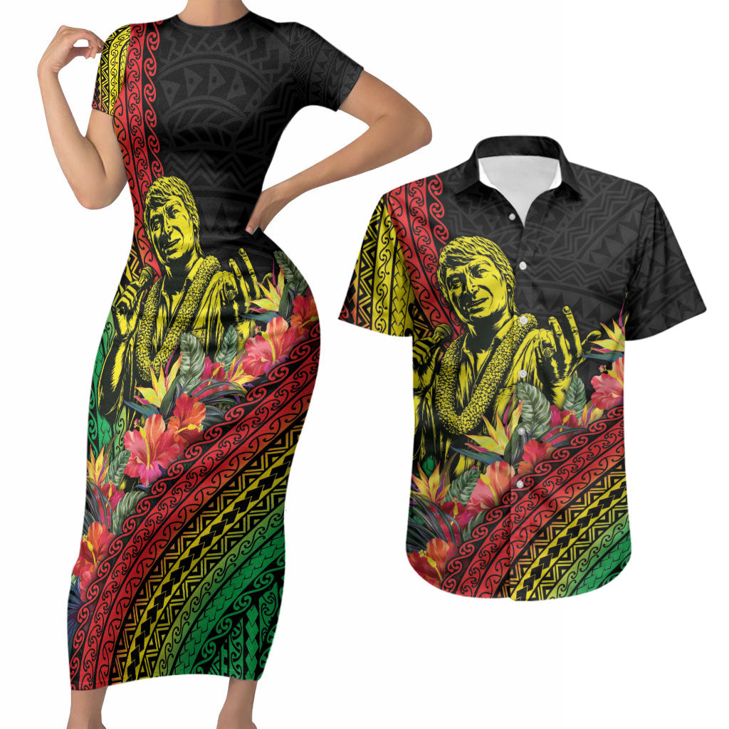 Retro Hawaiian Singer Couples Matching Short Sleeve Bodycon Dress and Hawaiian Shirt Polynesian Style Tropical Flowers