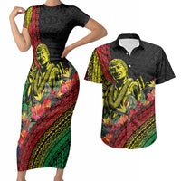 Retro Hawaiian Singer Couples Matching Short Sleeve Bodycon Dress and Hawaiian Shirt Polynesian Style Tropical Flowers