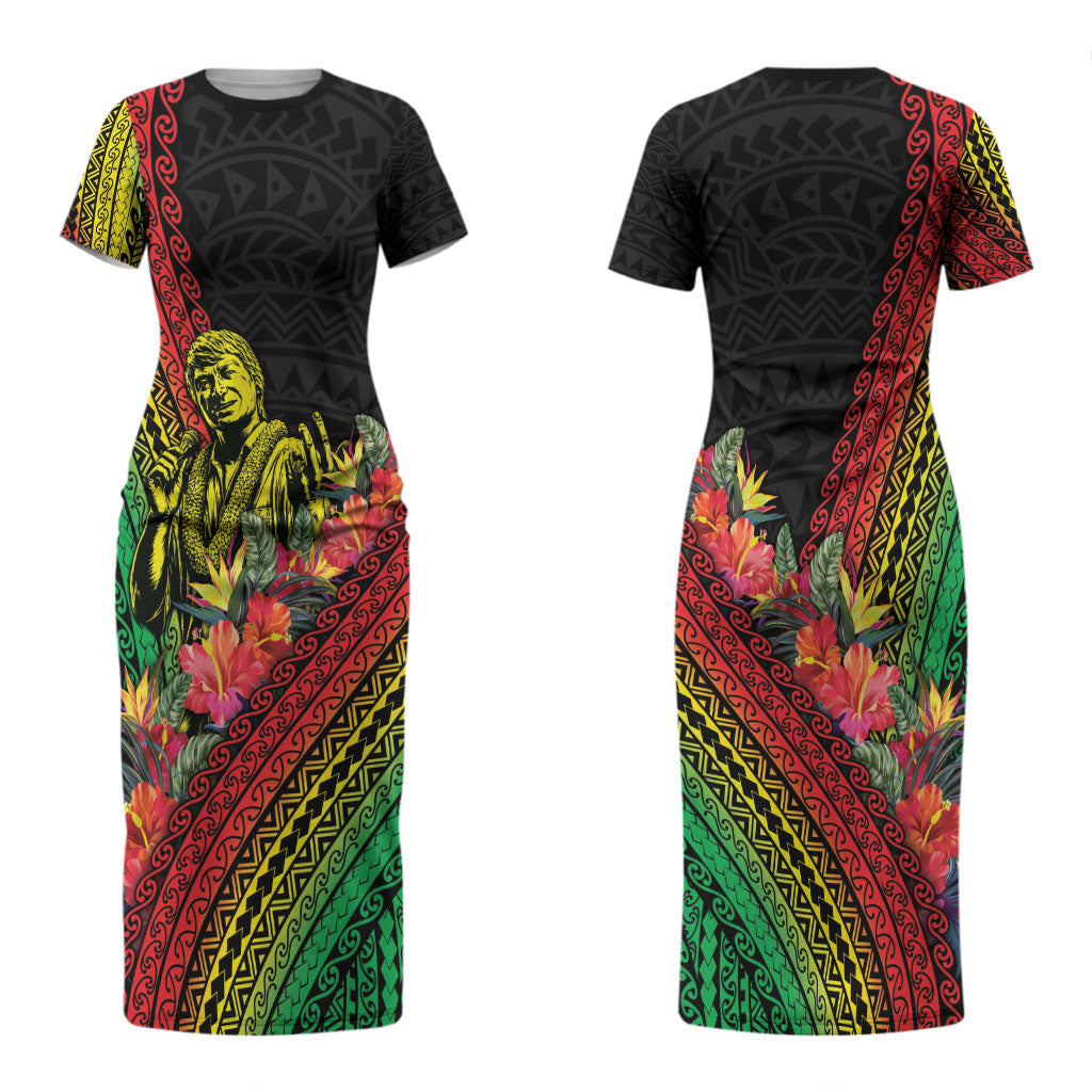 Retro Hawaiian Singer Couples Matching Short Sleeve Bodycon Dress and Hawaiian Shirt Polynesian Style Tropical Flowers