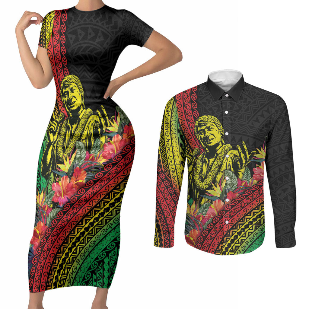 Retro Hawaiian Singer Couples Matching Short Sleeve Bodycon Dress and Long Sleeve Button Shirt Polynesian Style Tropical Flowers