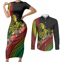 Retro Hawaiian Singer Couples Matching Short Sleeve Bodycon Dress and Long Sleeve Button Shirt Polynesian Style Tropical Flowers