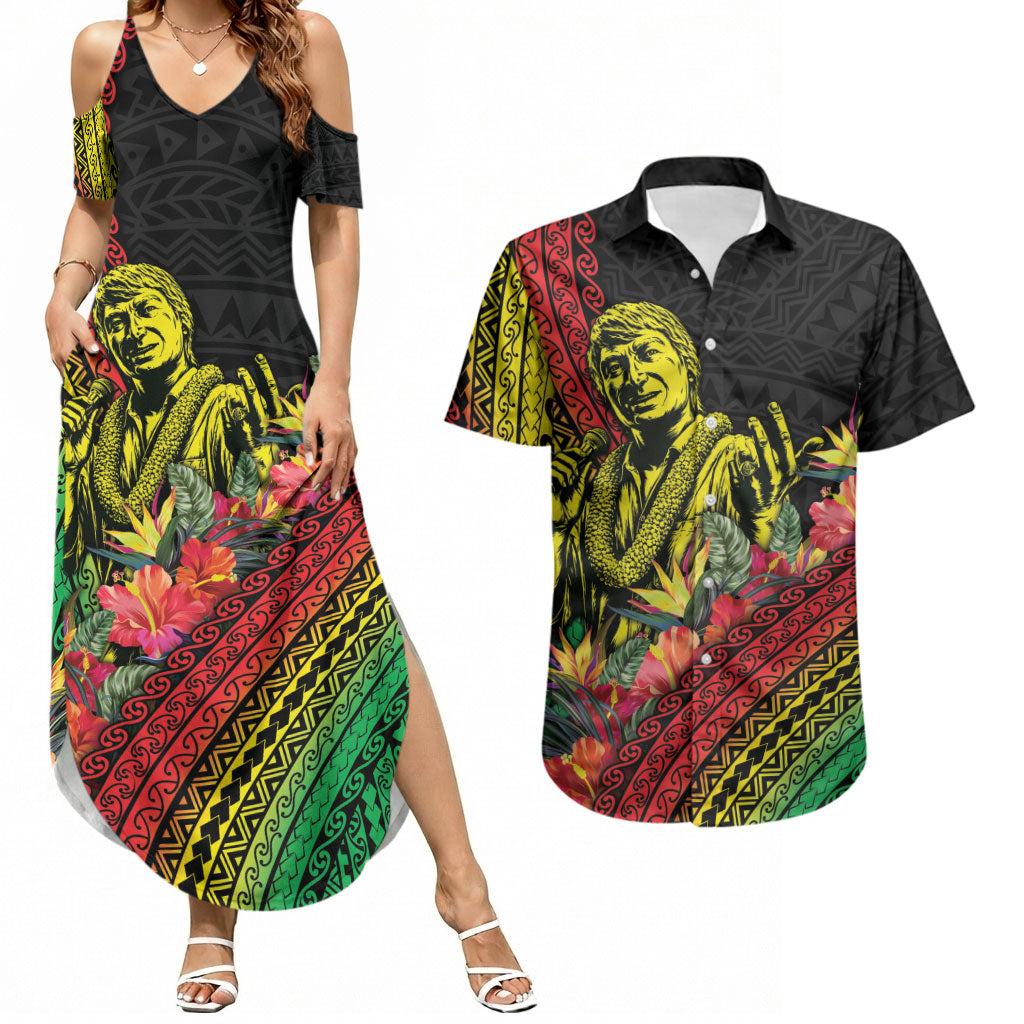Retro Hawaiian Singer Couples Matching Summer Maxi Dress and Hawaiian Shirt Polynesian Style Tropical Flowers