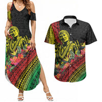 Retro Hawaiian Singer Couples Matching Summer Maxi Dress and Hawaiian Shirt Polynesian Style Tropical Flowers