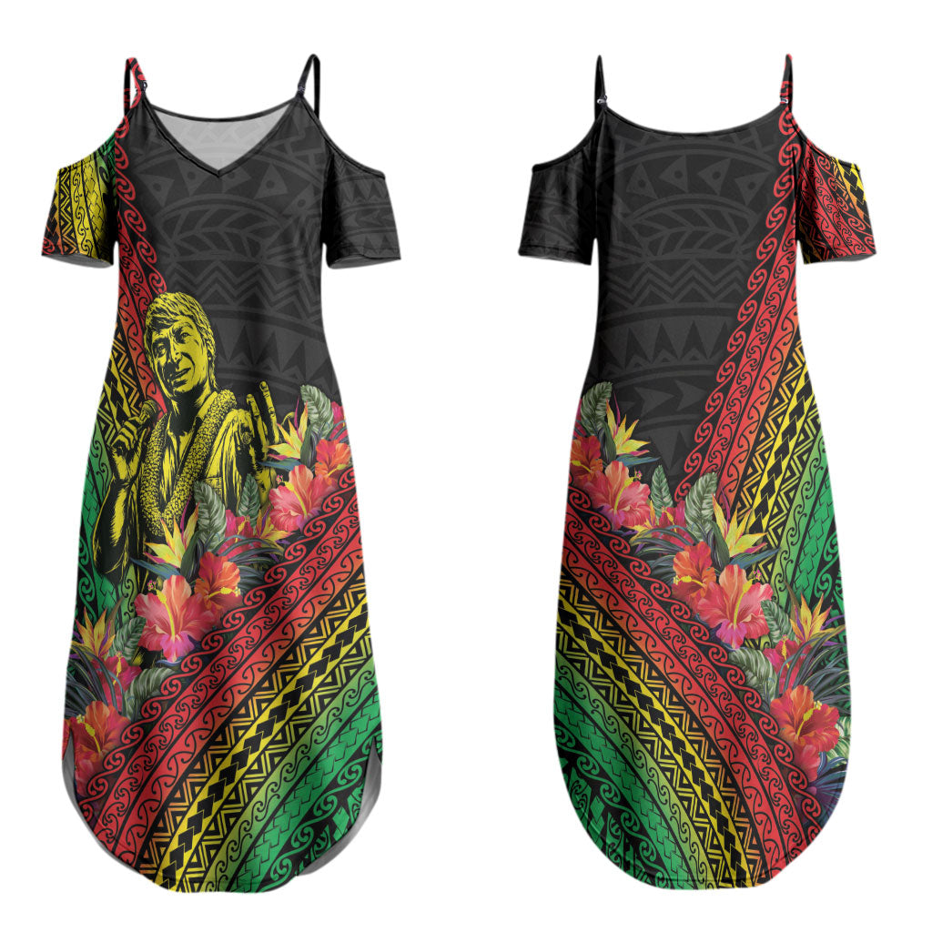 Retro Hawaiian Singer Couples Matching Summer Maxi Dress and Long Sleeve Button Shirt Polynesian Style Tropical Flowers