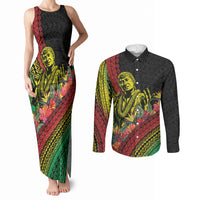Retro Hawaiian Singer Couples Matching Tank Maxi Dress and Long Sleeve Button Shirt Polynesian Style Tropical Flowers