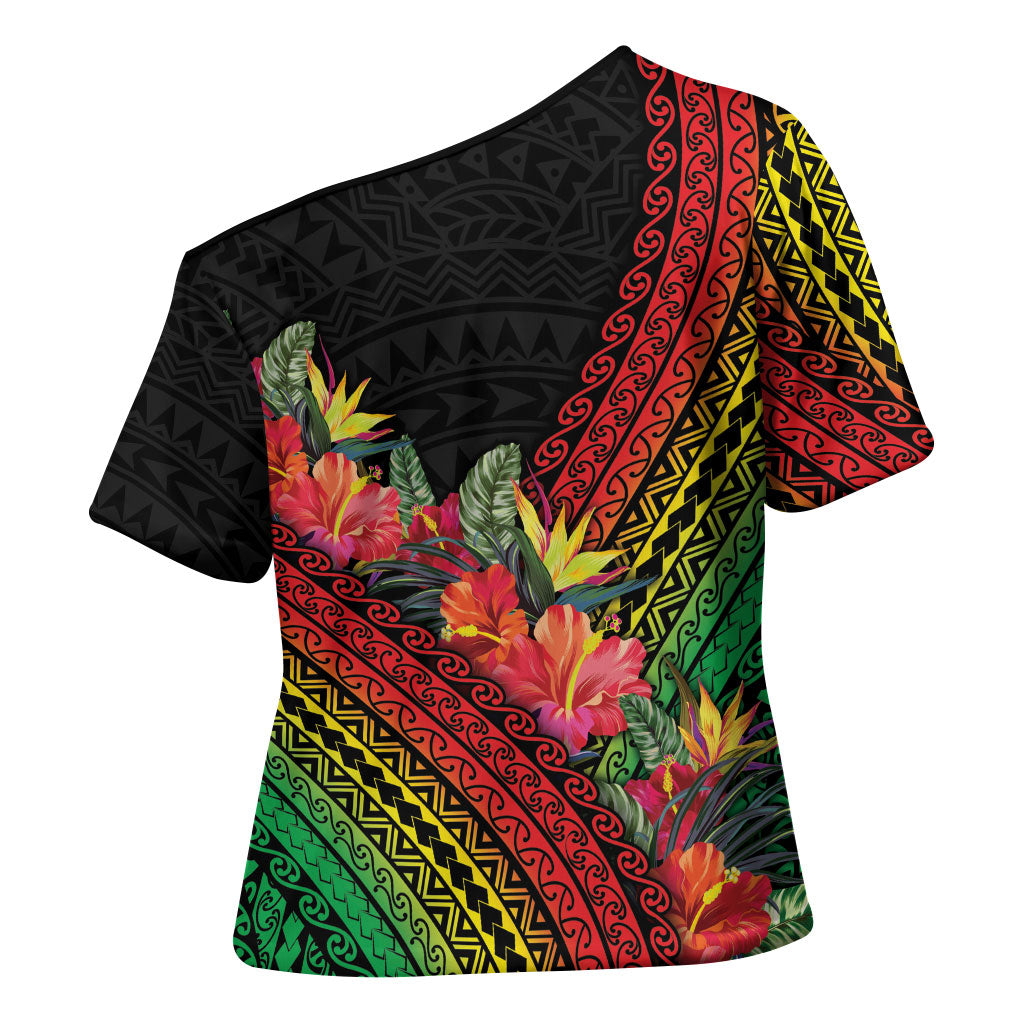 Retro Hawaiian Singer Cross Shoulder Shirt Polynesian Style Tropical Flowers
