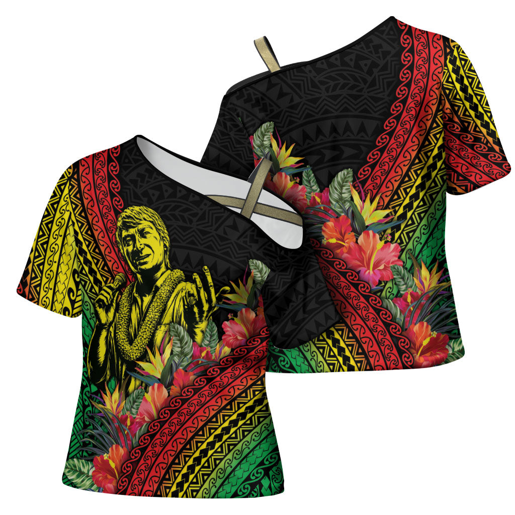 Retro Hawaiian Singer Cross Shoulder Shirt Polynesian Style Tropical Flowers