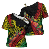 Retro Hawaiian Singer Cross Shoulder Shirt Polynesian Style Tropical Flowers