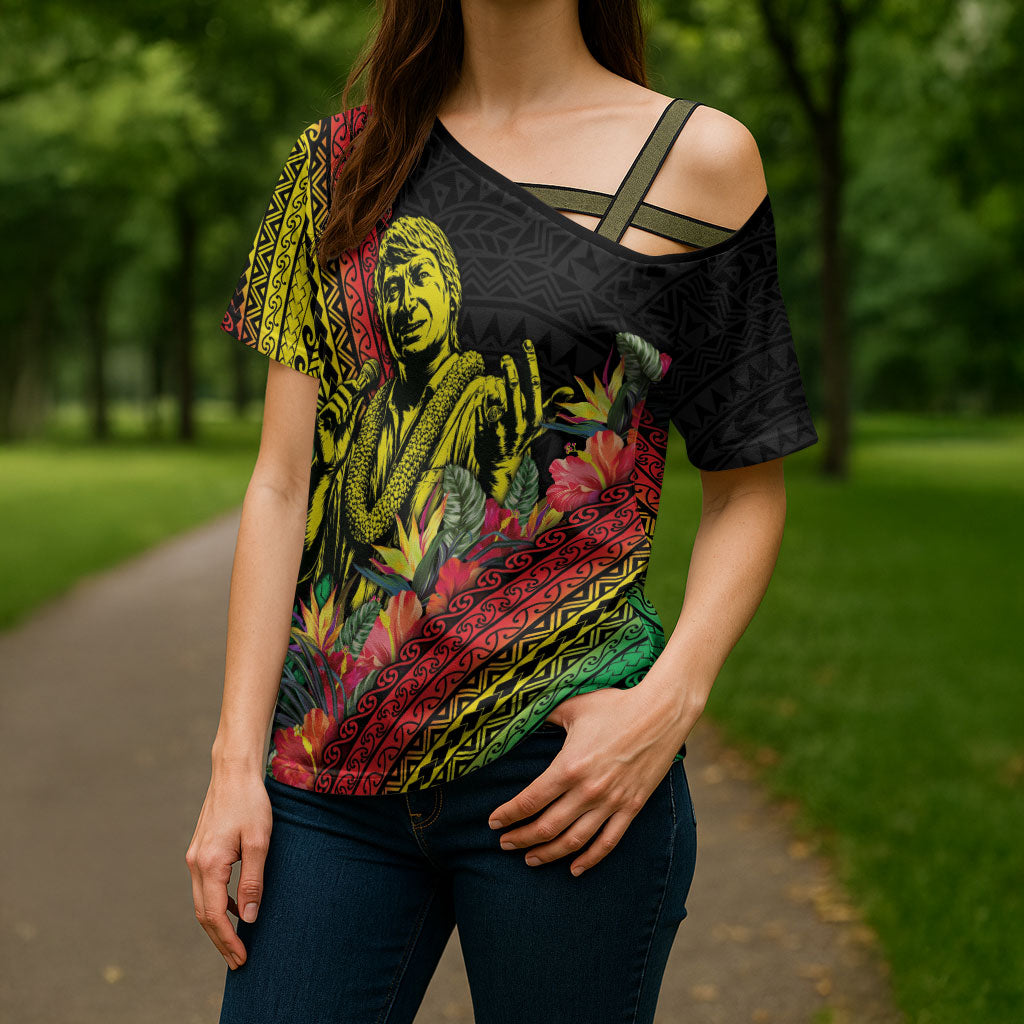 Retro Hawaiian Singer Cross Shoulder Shirt Polynesian Style Tropical Flowers