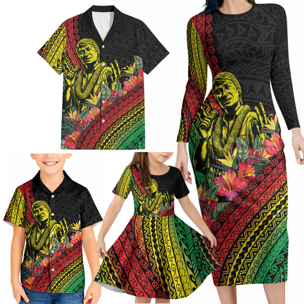 Retro Hawaiian Singer Family Matching Long Sleeve Bodycon Dress and Hawaiian Shirt Polynesian Style Tropical Flowers