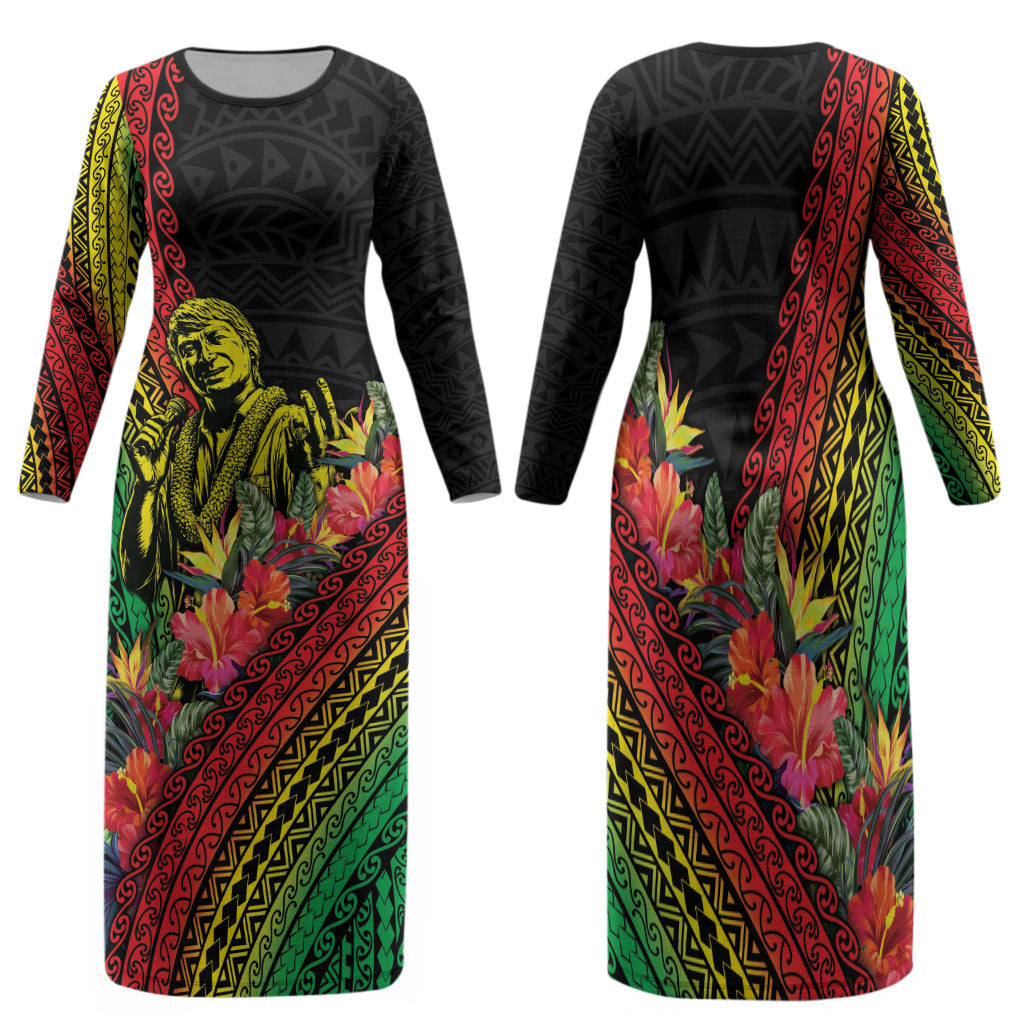 Retro Hawaiian Singer Family Matching Long Sleeve Bodycon Dress and Hawaiian Shirt Polynesian Style Tropical Flowers