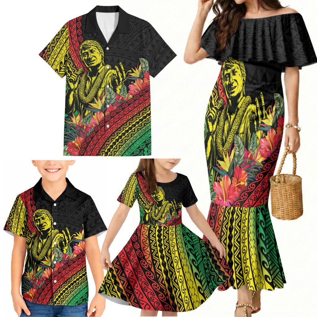 Retro Hawaiian Singer Family Matching Mermaid Dress and Hawaiian Shirt Polynesian Style Tropical Flowers