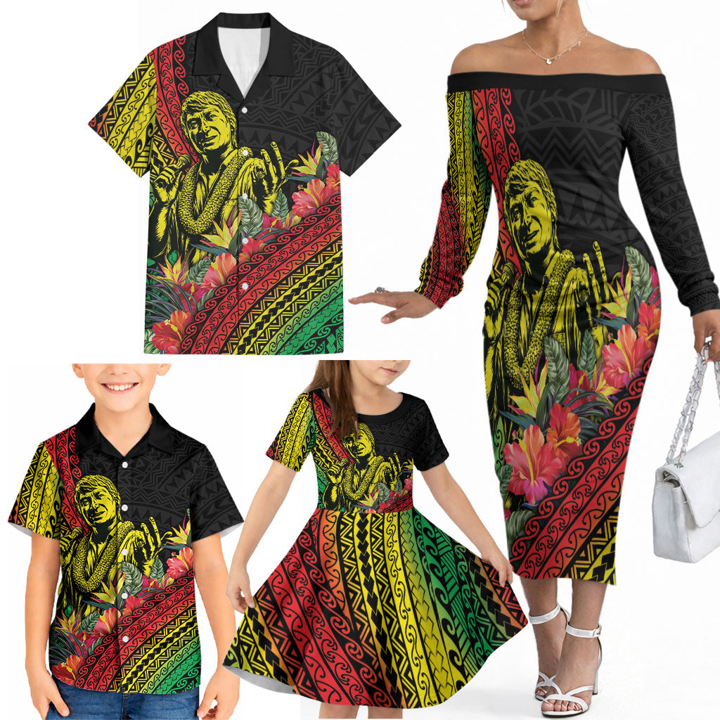 Retro Hawaiian Singer Family Matching Off The Shoulder Long Sleeve Dress and Hawaiian Shirt Polynesian Style Tropical Flowers