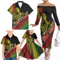 Retro Hawaiian Singer Family Matching Off The Shoulder Long Sleeve Dress and Hawaiian Shirt Polynesian Style Tropical Flowers