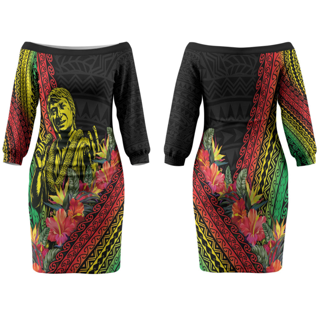 Retro Hawaiian Singer Family Matching Off The Shoulder Long Sleeve Dress and Hawaiian Shirt Polynesian Style Tropical Flowers