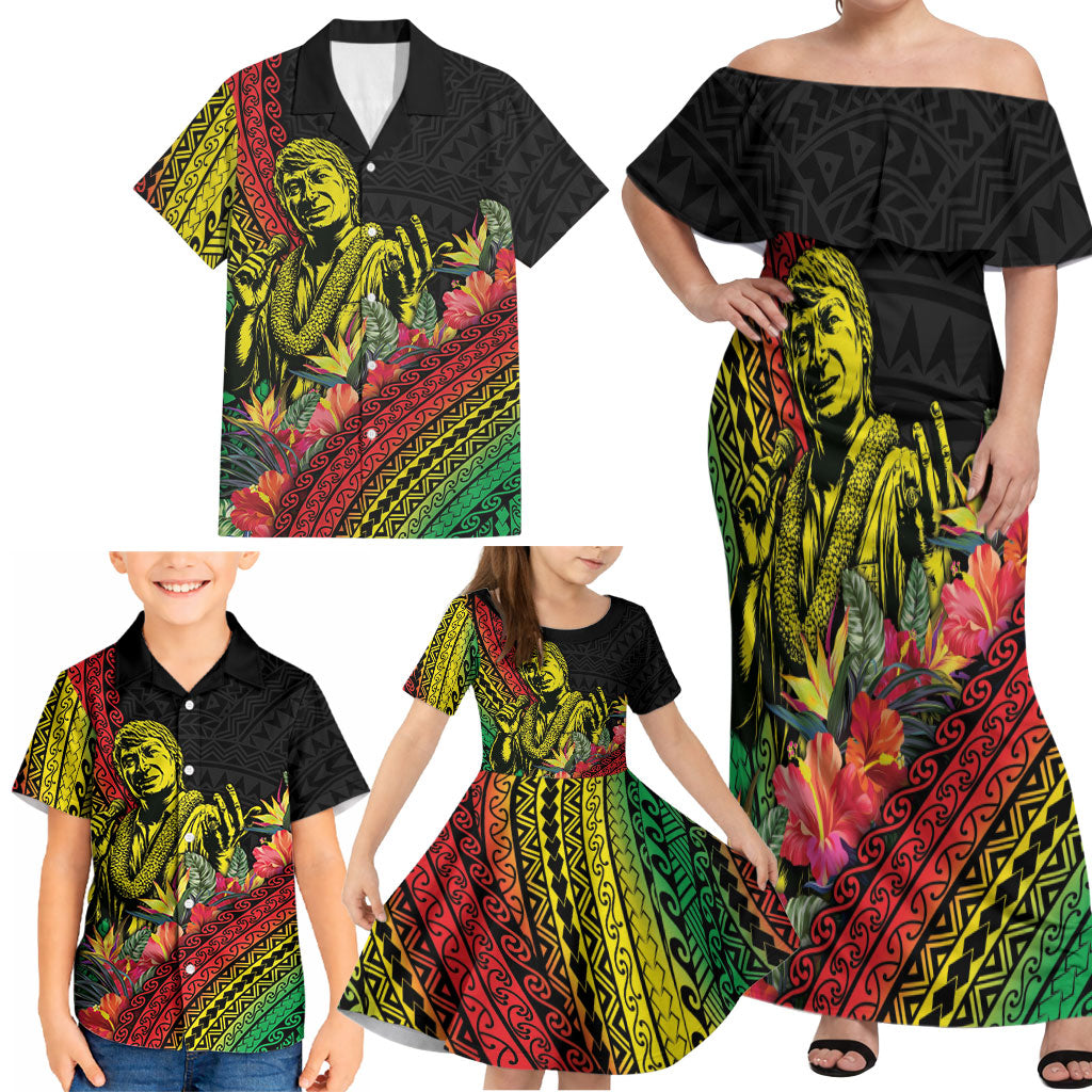 Retro Hawaiian Singer Family Matching Off Shoulder Maxi Dress and Hawaiian Shirt Polynesian Style Tropical Flowers