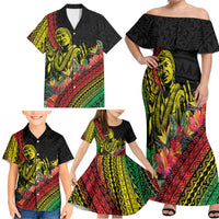 Retro Hawaiian Singer Family Matching Off Shoulder Maxi Dress and Hawaiian Shirt Polynesian Style Tropical Flowers