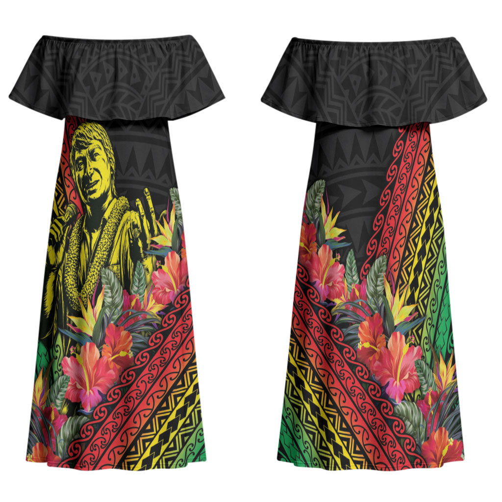Retro Hawaiian Singer Family Matching Off Shoulder Maxi Dress and Hawaiian Shirt Polynesian Style Tropical Flowers