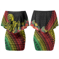 Retro Hawaiian Singer Family Matching Off Shoulder Short Dress and Hawaiian Shirt Polynesian Style Tropical Flowers