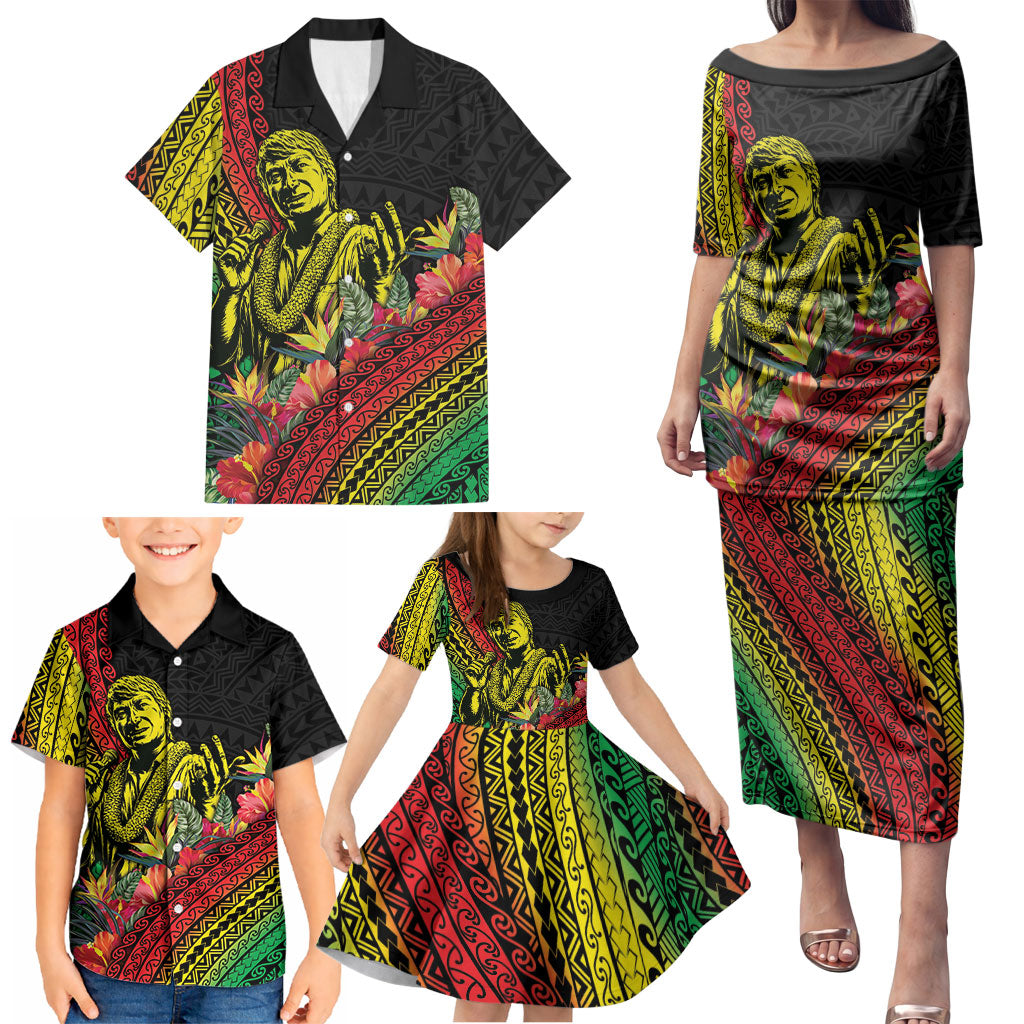 Retro Hawaiian Singer Family Matching Puletasi and Hawaiian Shirt Polynesian Style Tropical Flowers