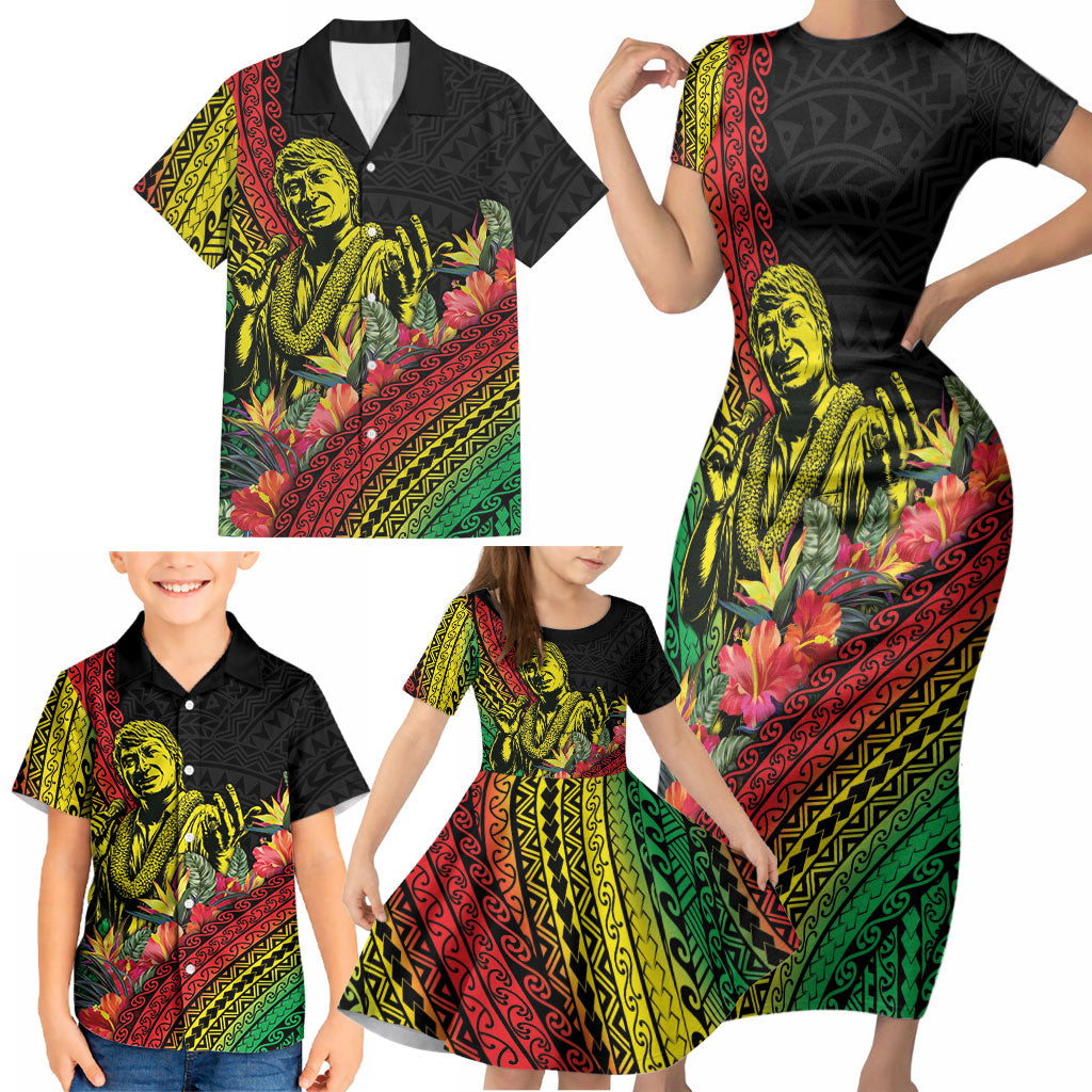 Retro Hawaiian Singer Family Matching Short Sleeve Bodycon Dress and Hawaiian Shirt Polynesian Style Tropical Flowers