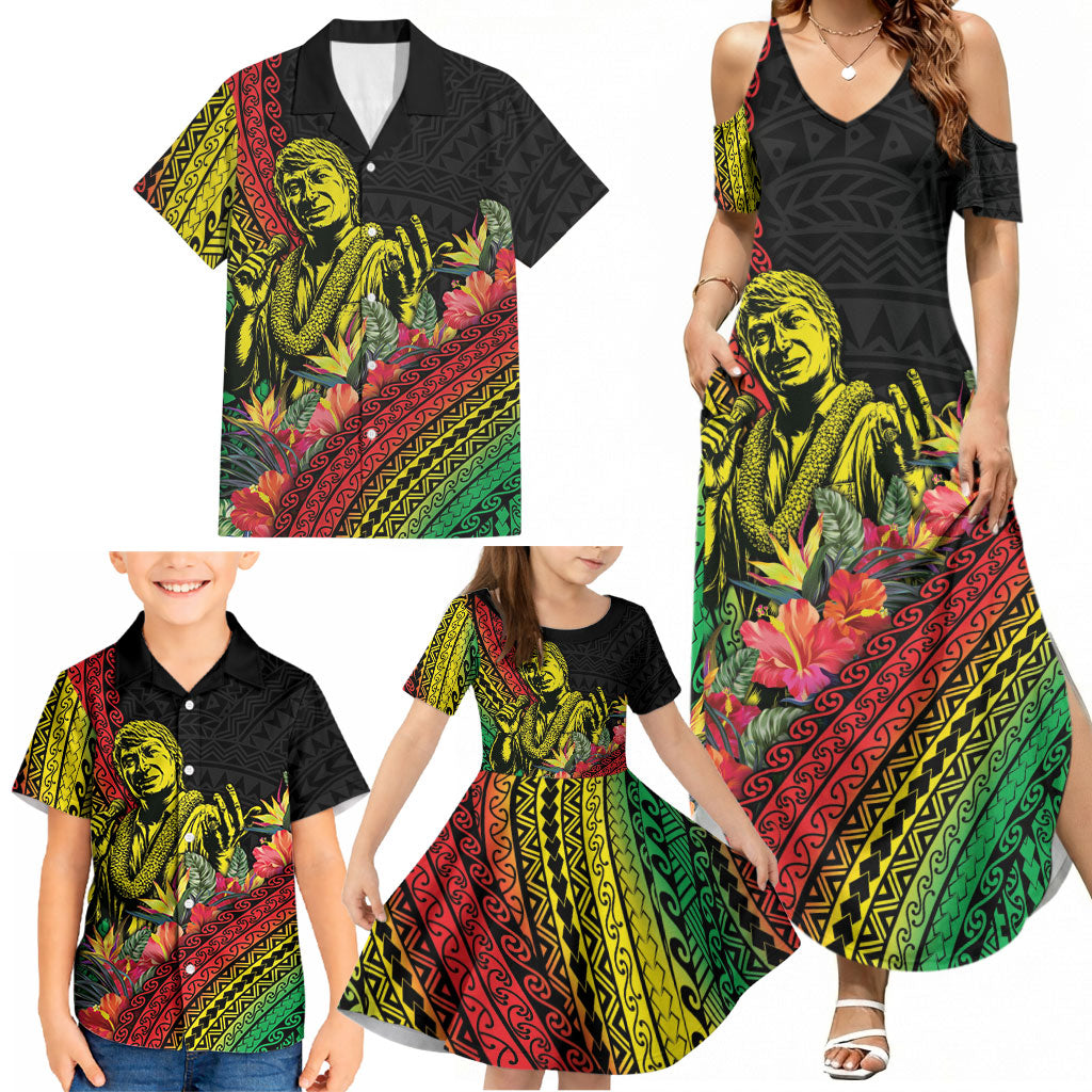 Retro Hawaiian Singer Family Matching Summer Maxi Dress and Hawaiian Shirt Polynesian Style Tropical Flowers