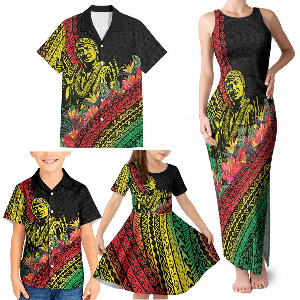 Retro Hawaiian Singer Family Matching Tank Maxi Dress and Hawaiian Shirt Polynesian Style Tropical Flowers