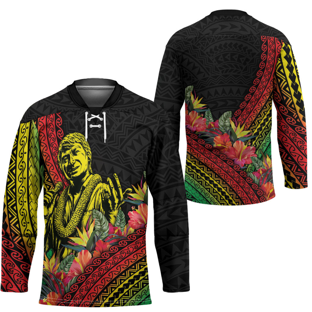 Retro Hawaiian Singer Hockey Jersey Polynesian Style Tropical Flowers