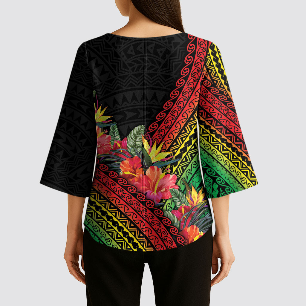 Retro Hawaiian Singer Kimono Sleeve Blouse Polynesian Style Tropical Flowers