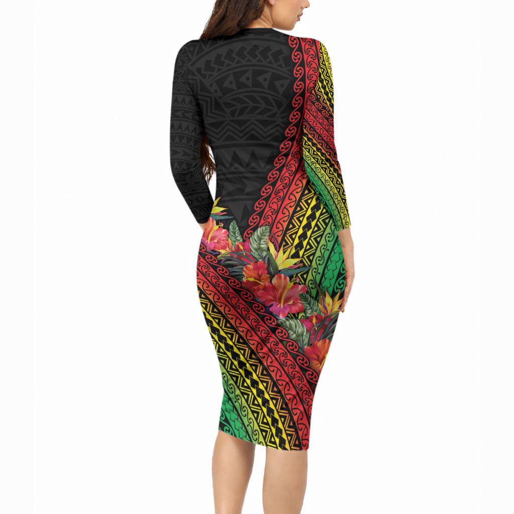 Retro Hawaiian Singer Long Sleeve Bodycon Dress Polynesian Style Tropical Flowers