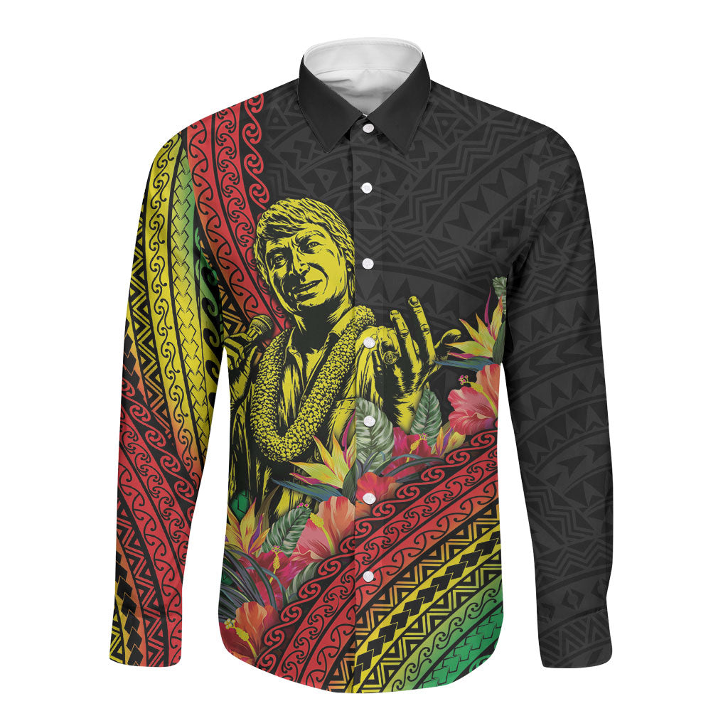 Retro Hawaiian Singer Long Sleeve Button Shirt Polynesian Style Tropical Flowers