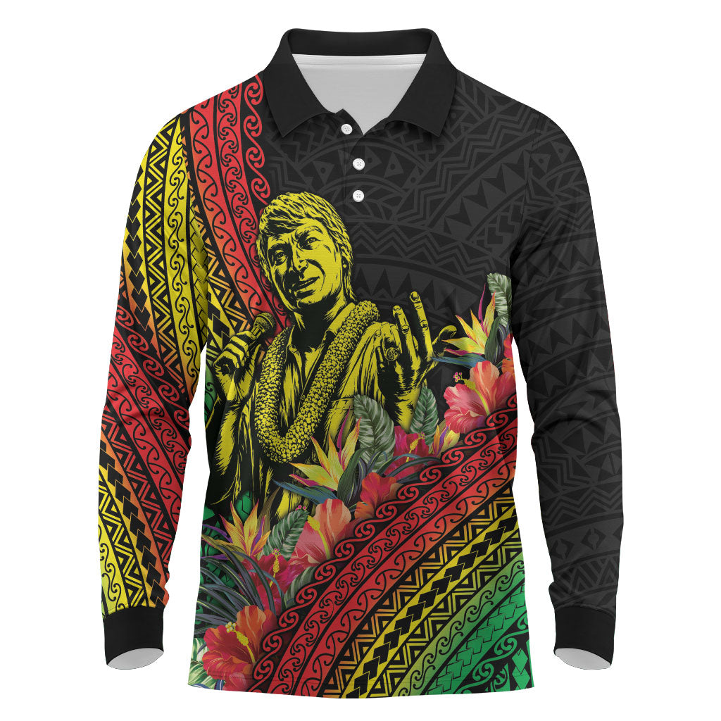 Retro Hawaiian Singer Long Sleeve Polo Shirt Polynesian Style Tropical Flowers