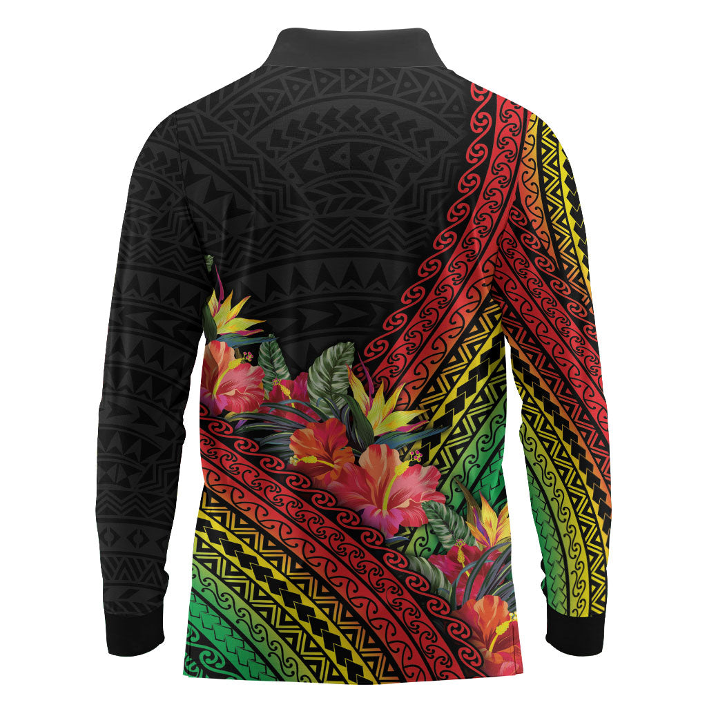 Retro Hawaiian Singer Long Sleeve Polo Shirt Polynesian Style Tropical Flowers