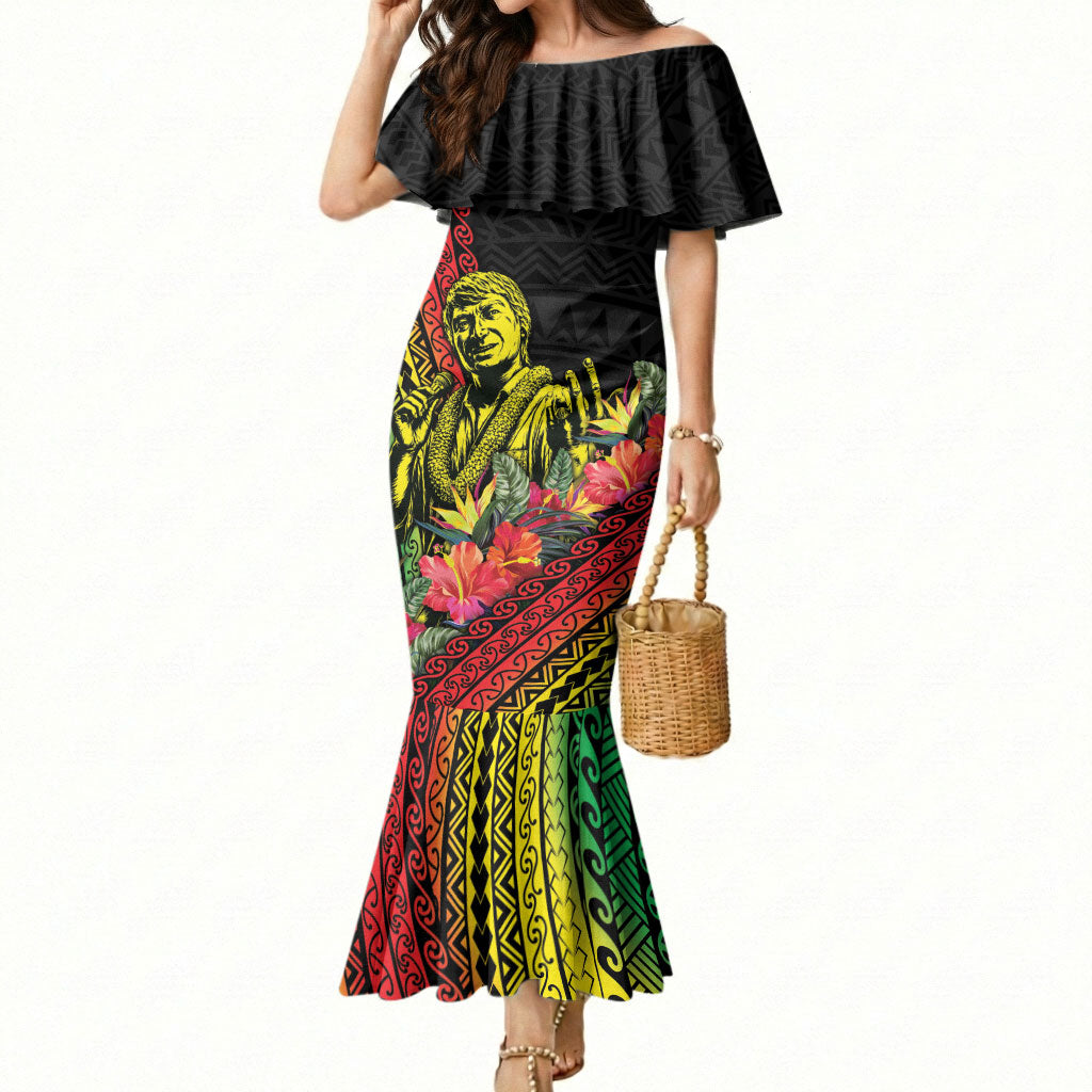 Retro Hawaiian Singer Mermaid Dress Polynesian Style Tropical Flowers
