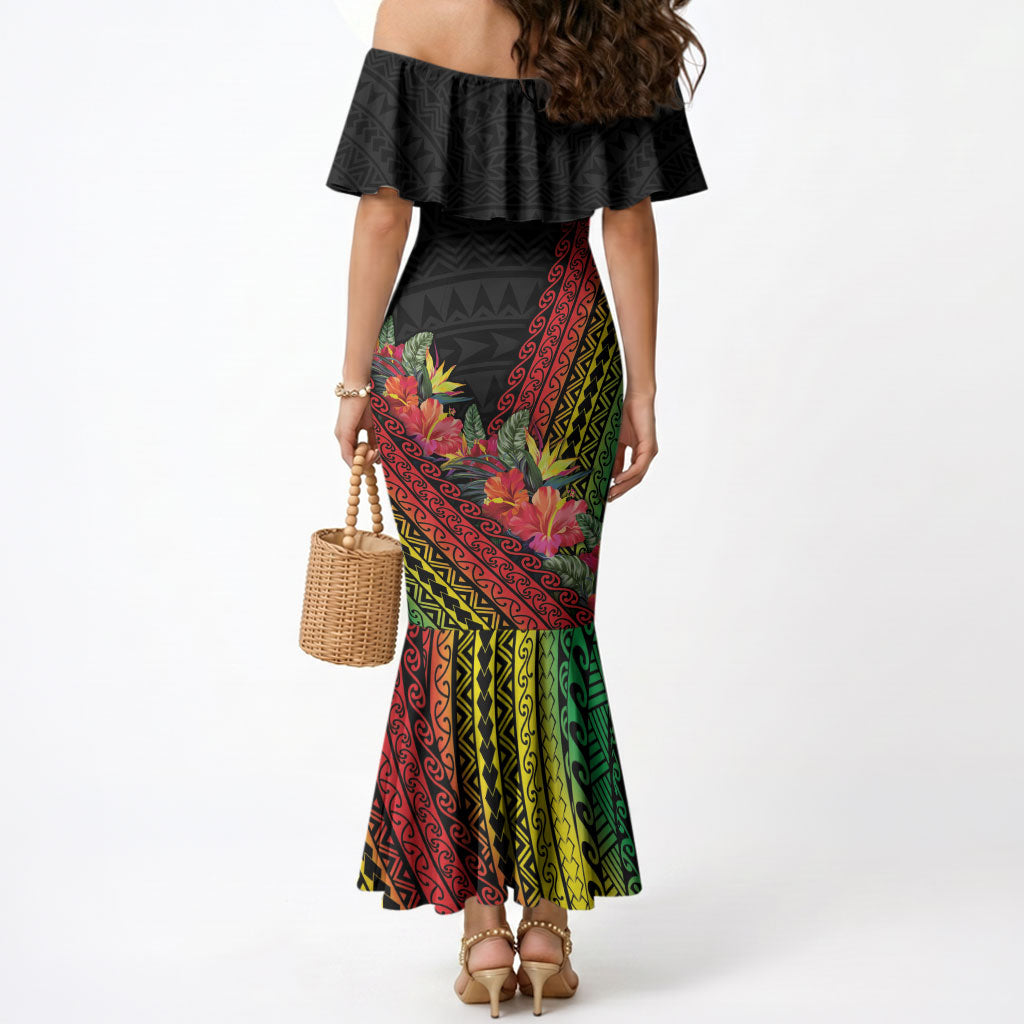 Retro Hawaiian Singer Mermaid Dress Polynesian Style Tropical Flowers