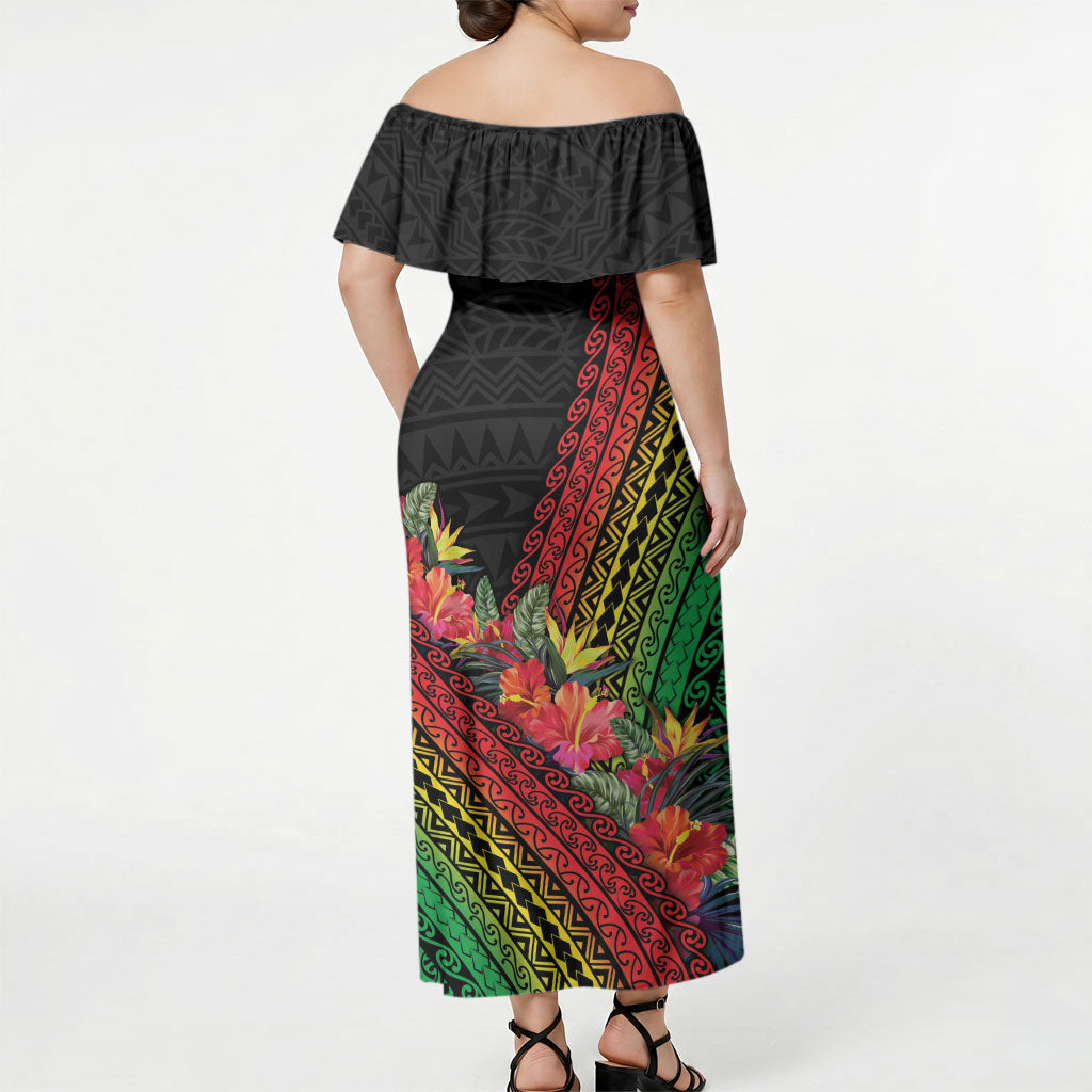 Retro Hawaiian Singer Off Shoulder Maxi Dress Polynesian Style Tropical Flowers